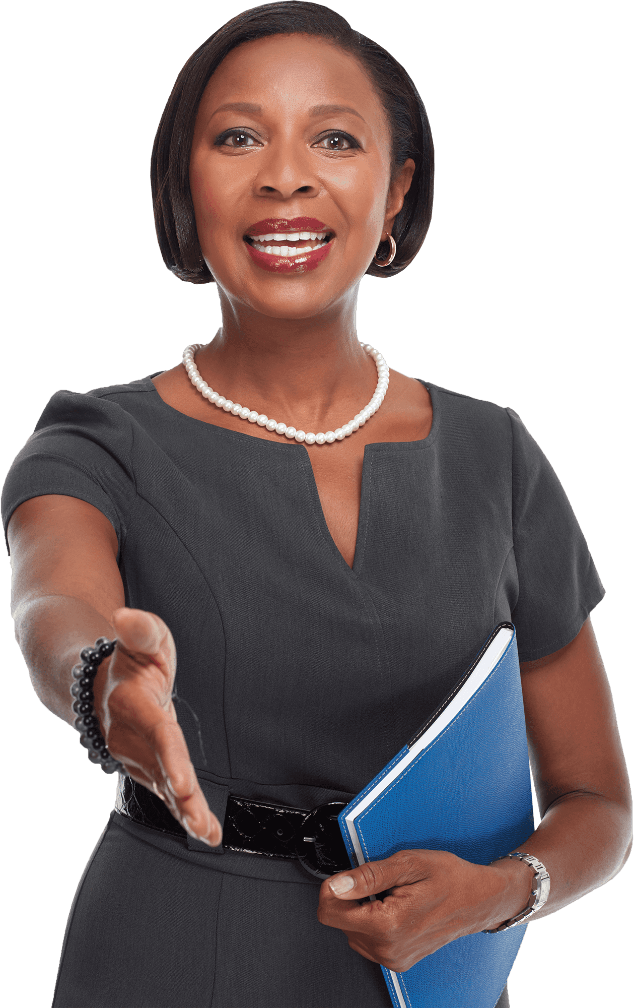 Image of woman reaching out her hand to greet another individual.
